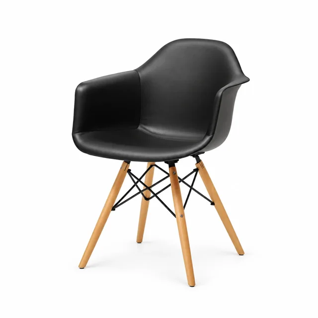 Curved Dining Armchair with Wooden Legs — Black