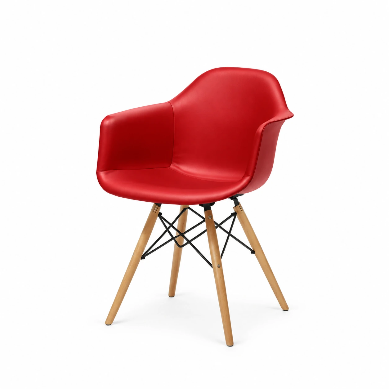 Curved Dining Armchair with Wooden Legs — Red