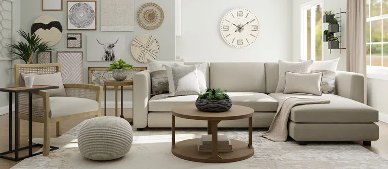 Light coloured sofa and coffee table in a living room