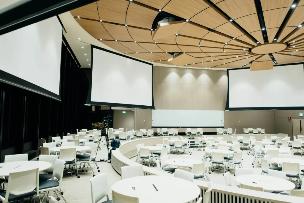 Event and exhibition setup with stage and display elements