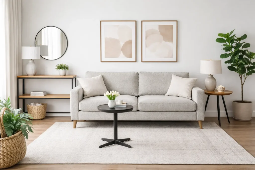 Light grey sofa, round coffee table and indoor plants