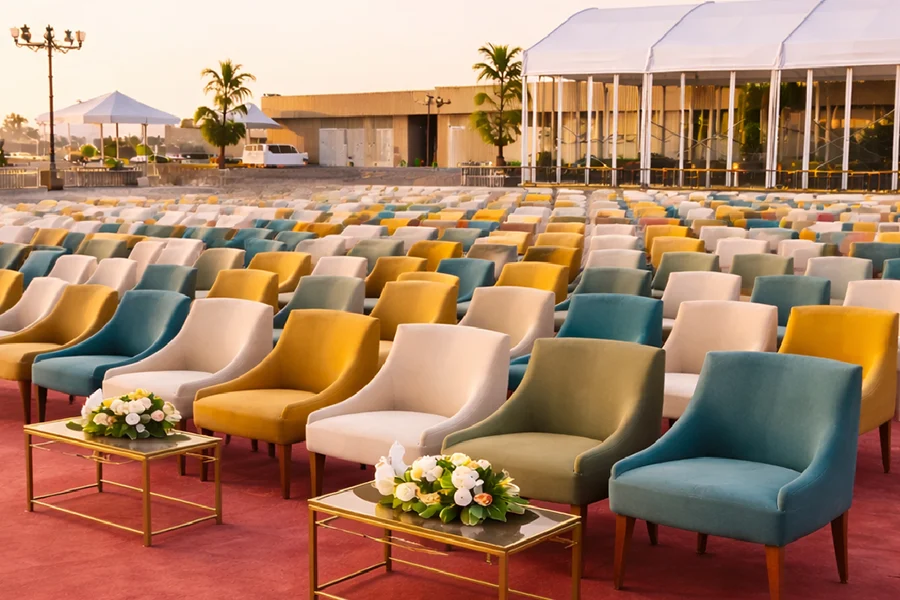 Rows of colourful lounge chairs at an outdoor event