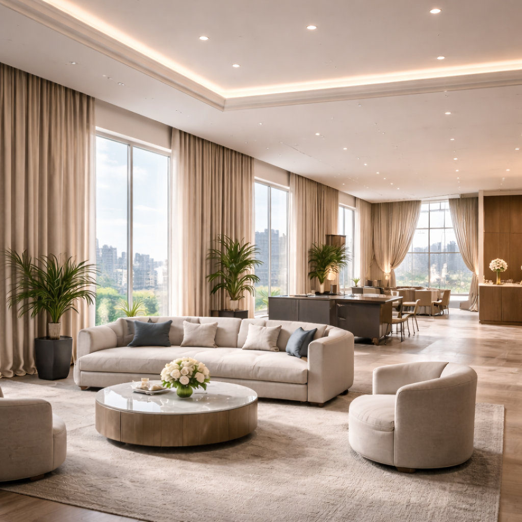 American curtains in a modern corporate lobby