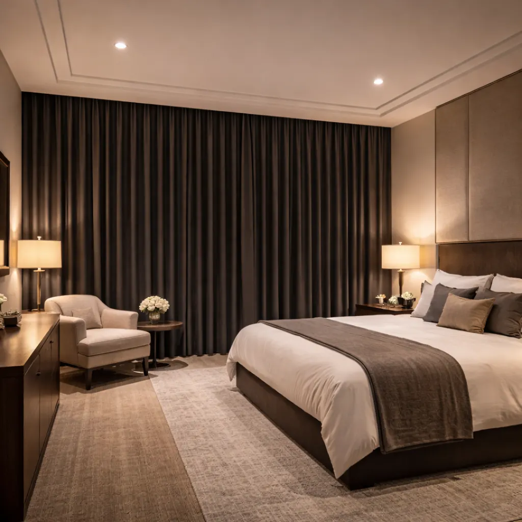 Bedroom with dark full length curtains behind a bed