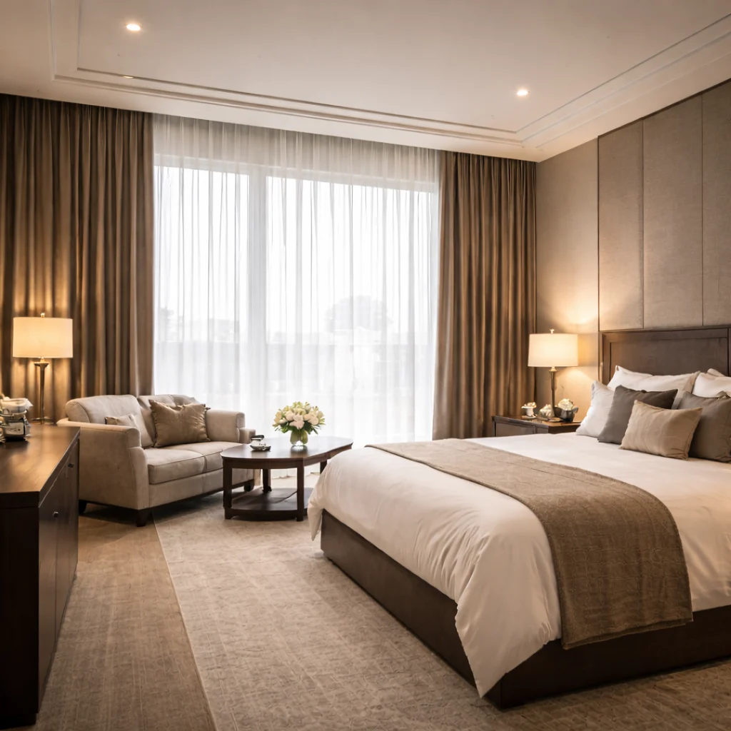 Bedroom with layered sheer curtains and full length drapes