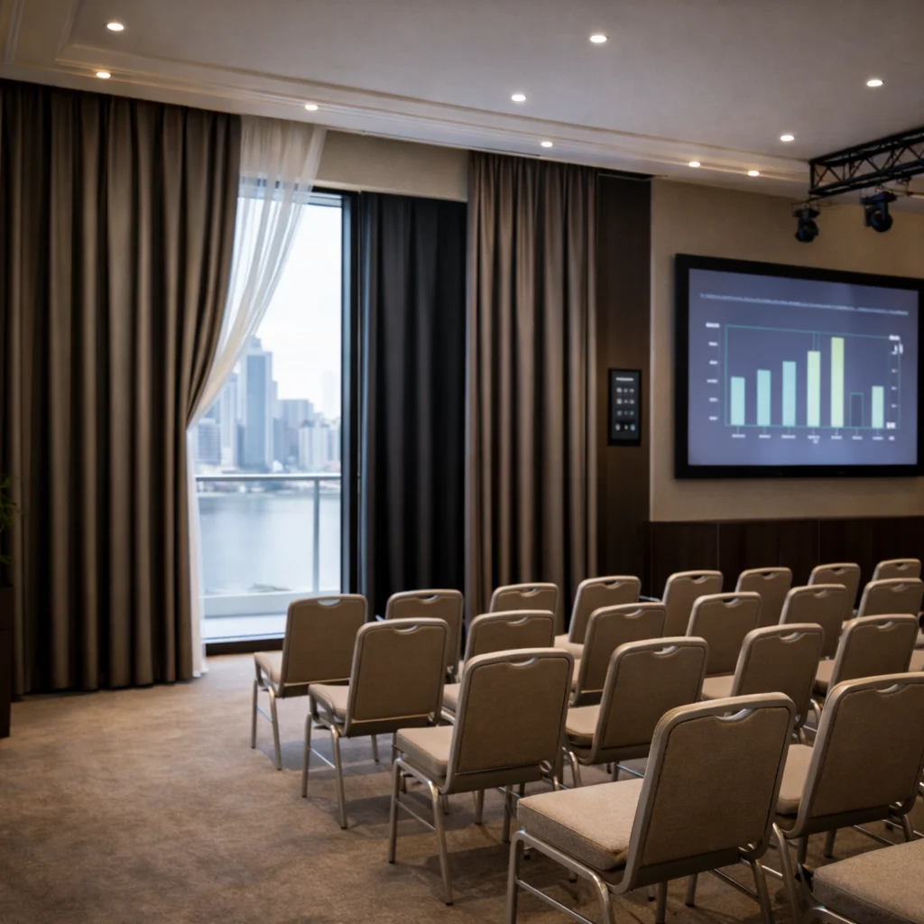 Conference room with floor length curtains, seating and a presentation screen