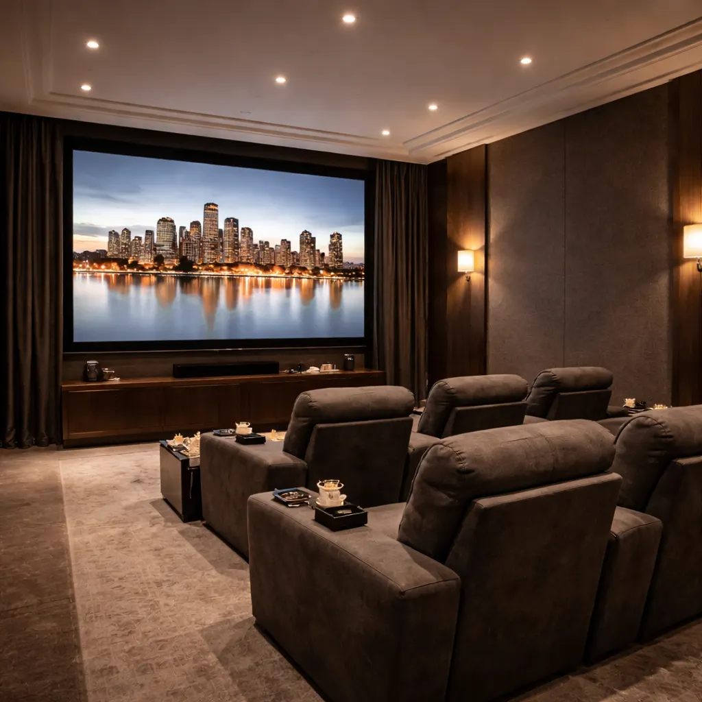 Home cinema seating and screen with dark curtains