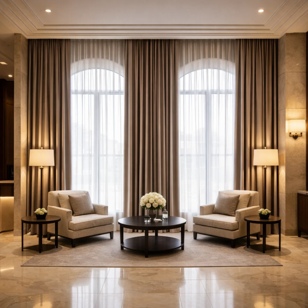 Lounge seating beside tall windows with sheer curtains and drapes