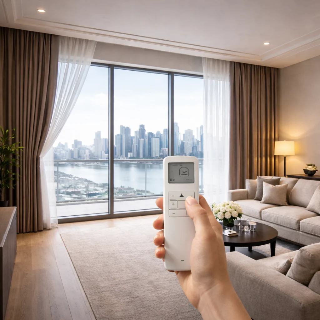 Phone controlling curtains beside a living room window