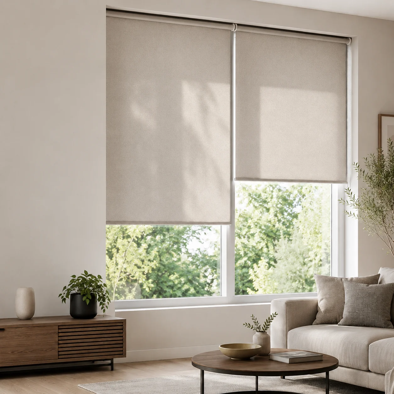Roller blinds beside a light coloured sofa and large windows