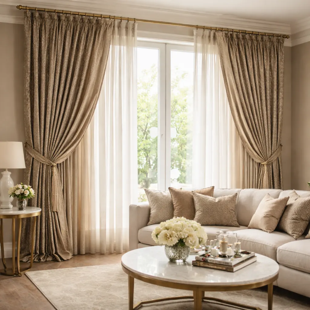 Tied back curtains and sheer window coverings beside a sofa