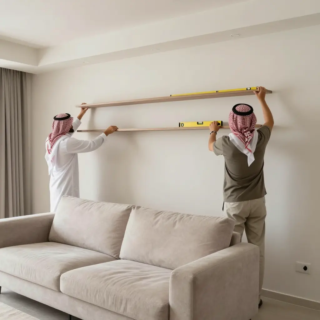 Interior installation with shelving, coordinated seating and careful finishing