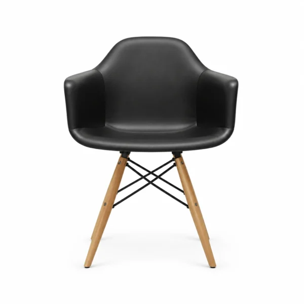 Curved Dining Armchair with Wooden Legs — Black — front