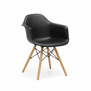 Curved Dining Armchair with Wooden Legs — Black — opposite three quarter