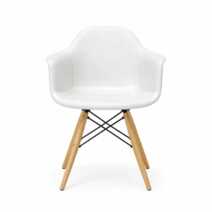 Curved Dining Armchair with Wooden Legs — White — front