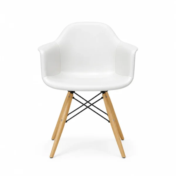 Curved Dining Armchair with Wooden Legs — White — front