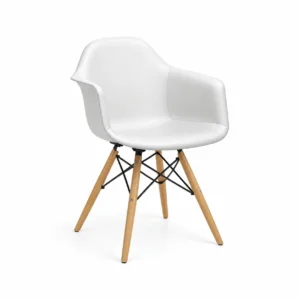 Curved Dining Armchair with Wooden Legs — White — opposite three quarter