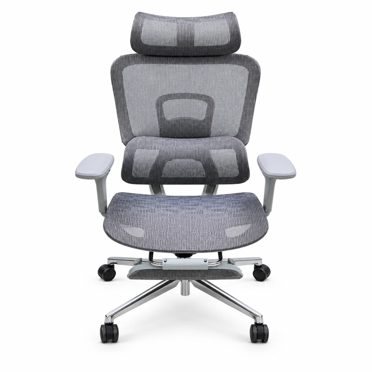 Grey Ergonomic Mesh Office Chair – Headrest & Footrest — front view