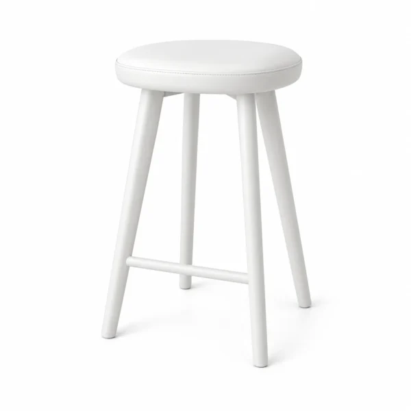 Round-Seat Bar Stool with Footrest — White — opposite three quarter