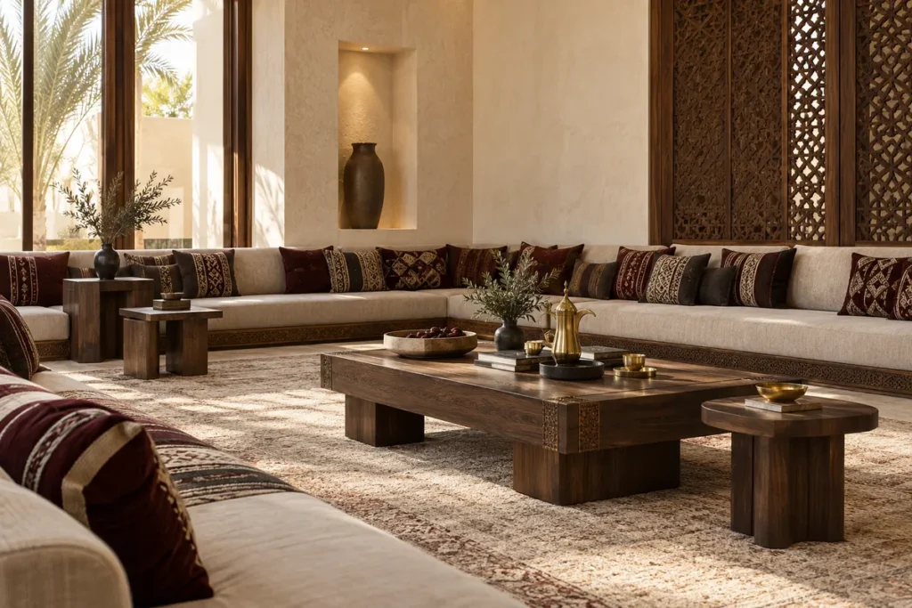 Saudi majlis design inspiration with patterned seating, timber tables and a carved screen