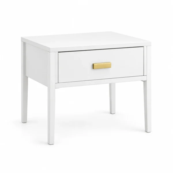 Single-Drawer Side Table with Brass-Tone Pull — White — opposite three quarter