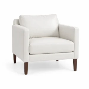 Upholstered Armchair with Wooden Legs — White — left three quarter