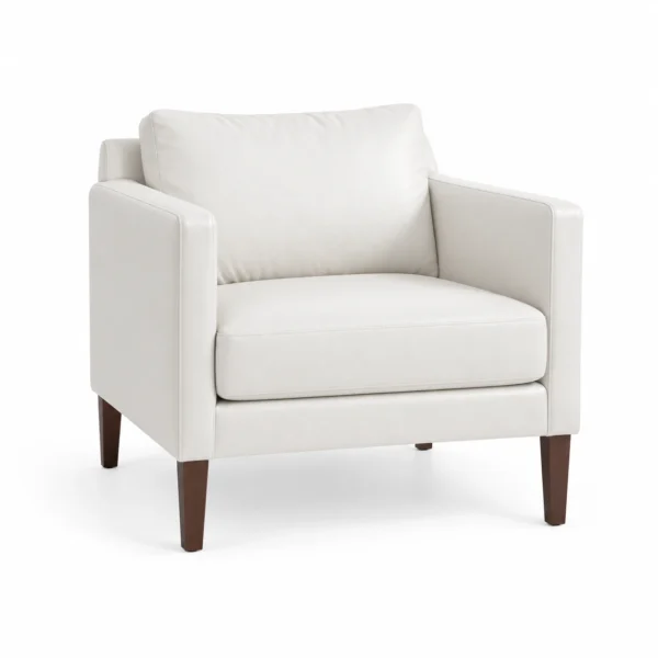 Upholstered Armchair with Wooden Legs — White — left three quarter