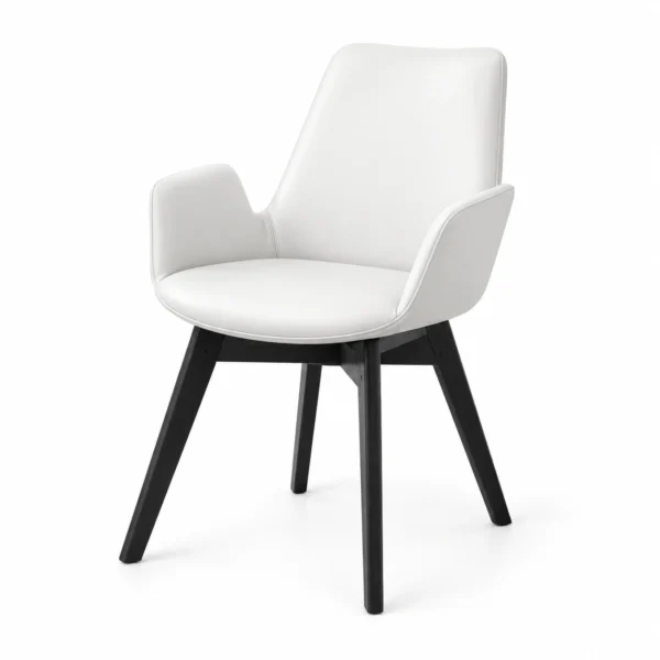 Upholstered Dining Armchair with Angled Legs — White — opposite three quarter