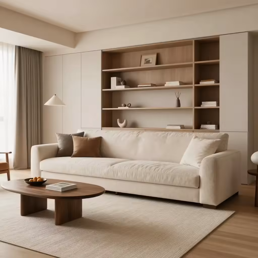Contemporary living room with a cream sofa, natural finishes and a coffee table