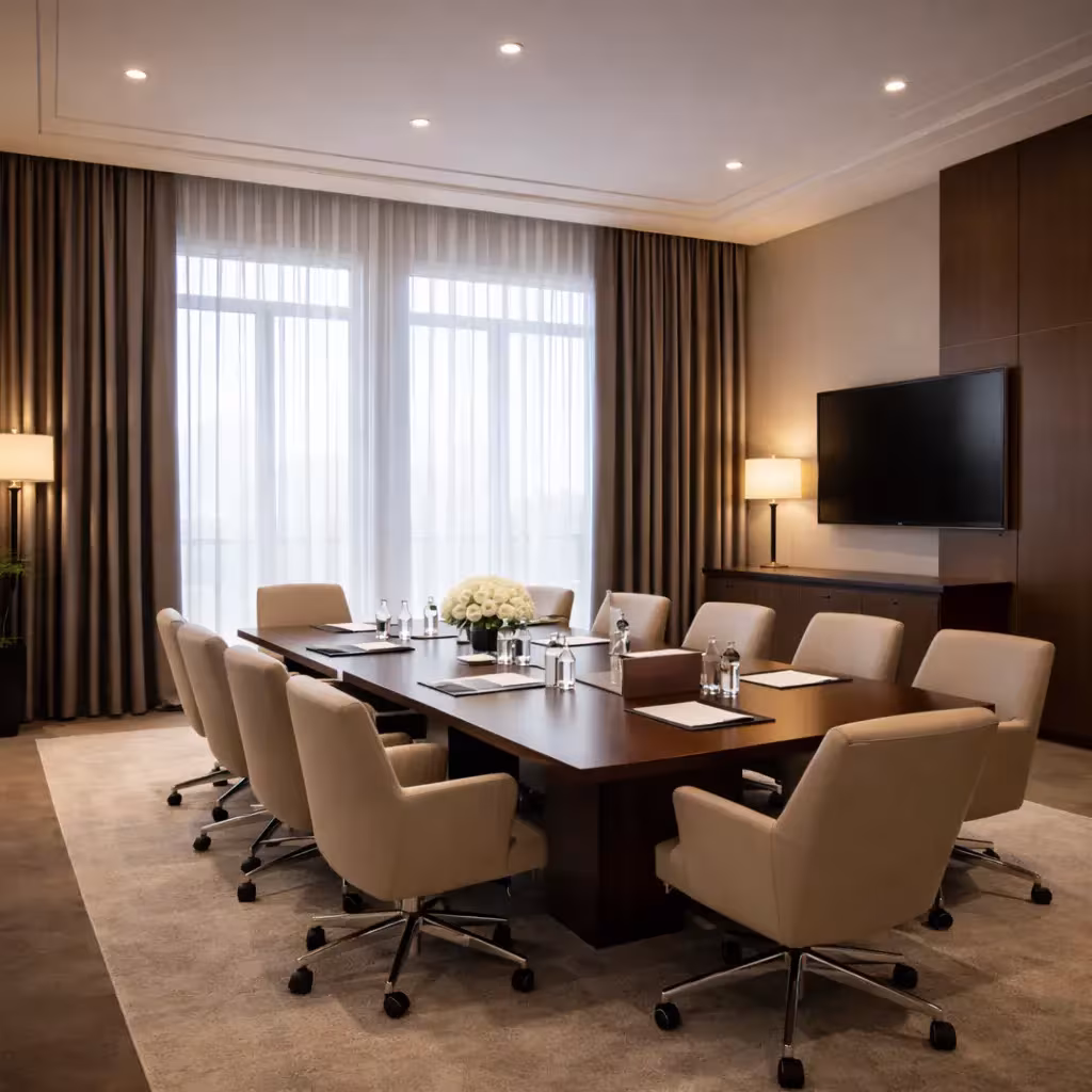 Office meeting table and chairs beside full length curtains