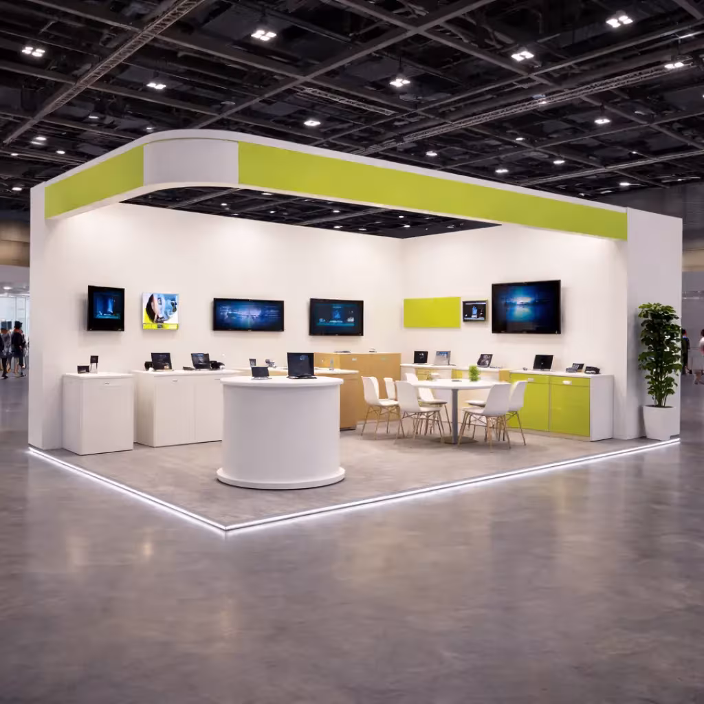 Exhibition stand with screens, display shelves and reception counter