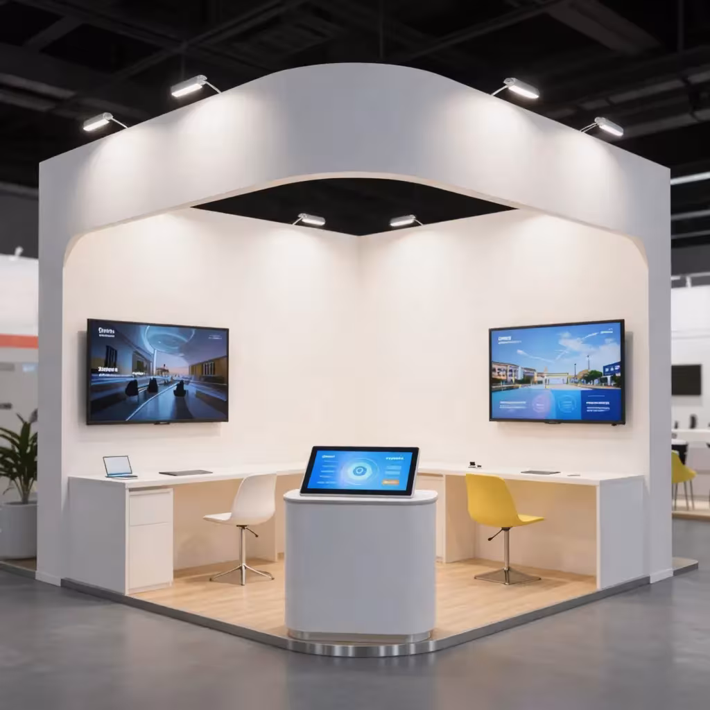White exhibition stand with display screens and reception desk