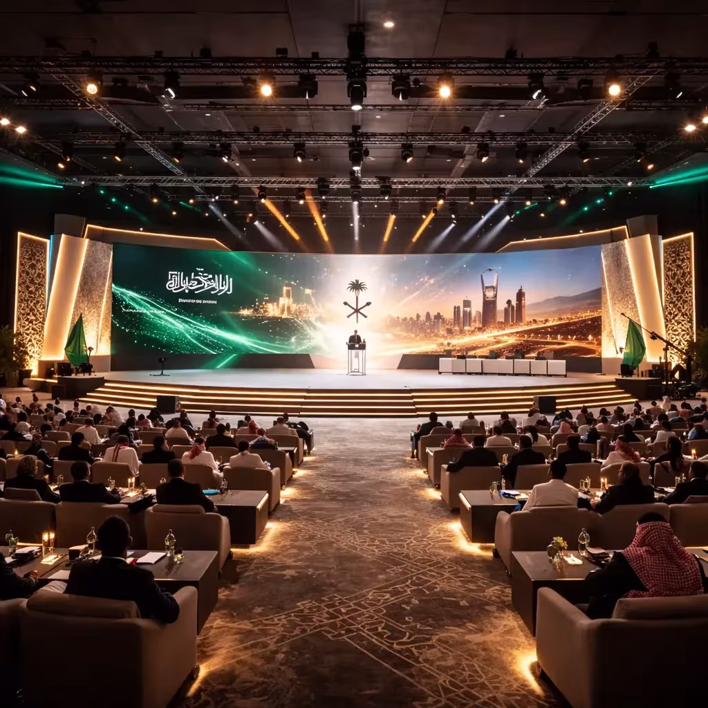 Conference stage with a wide backdrop and audience seating