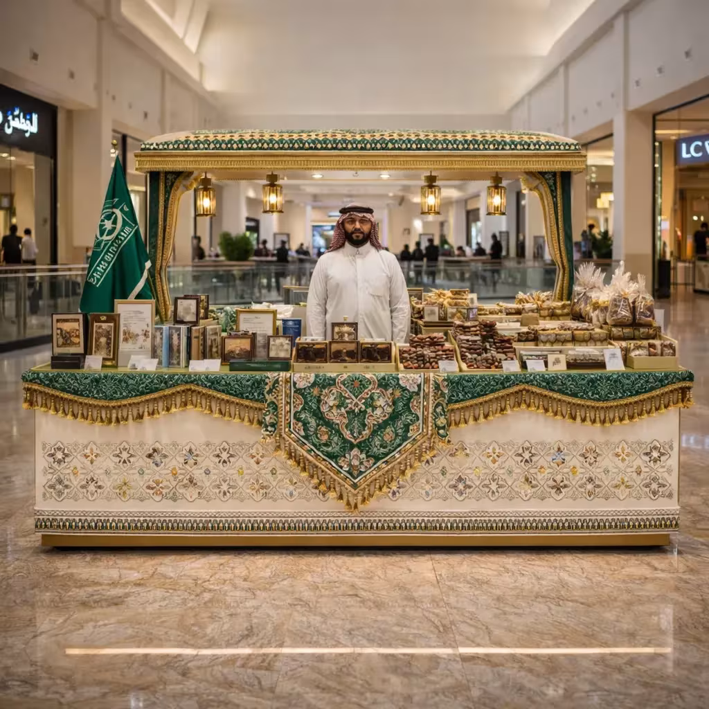 Ornately decorated display stall with traditional items