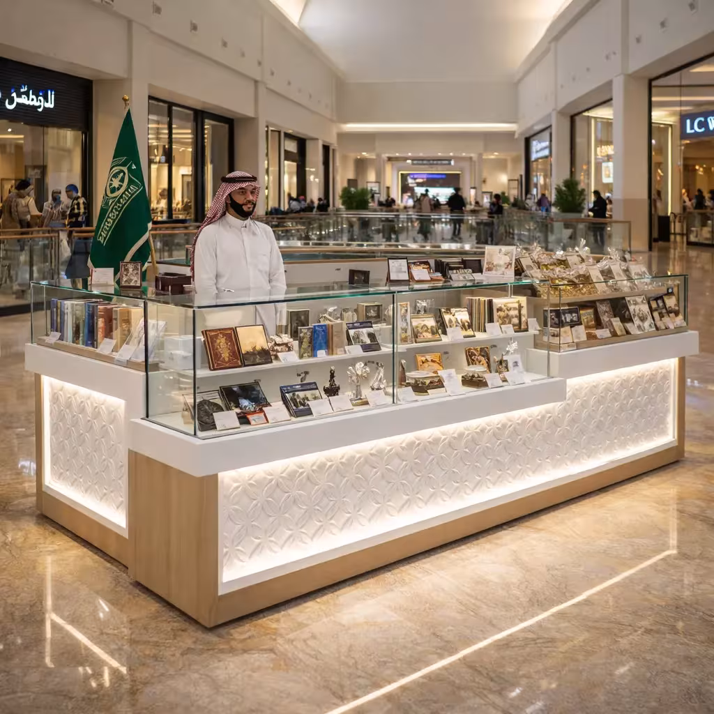 Illuminated display counter with traditional decorative items