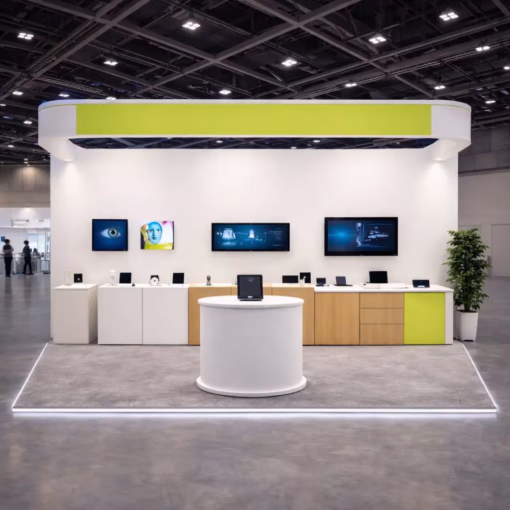 Exhibition stand with display screens and a reception counter