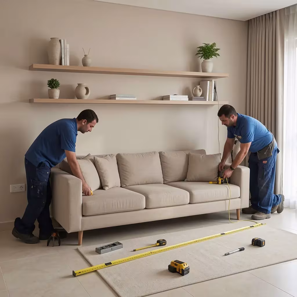 Two workers measuring and positioning a sofa in a living room