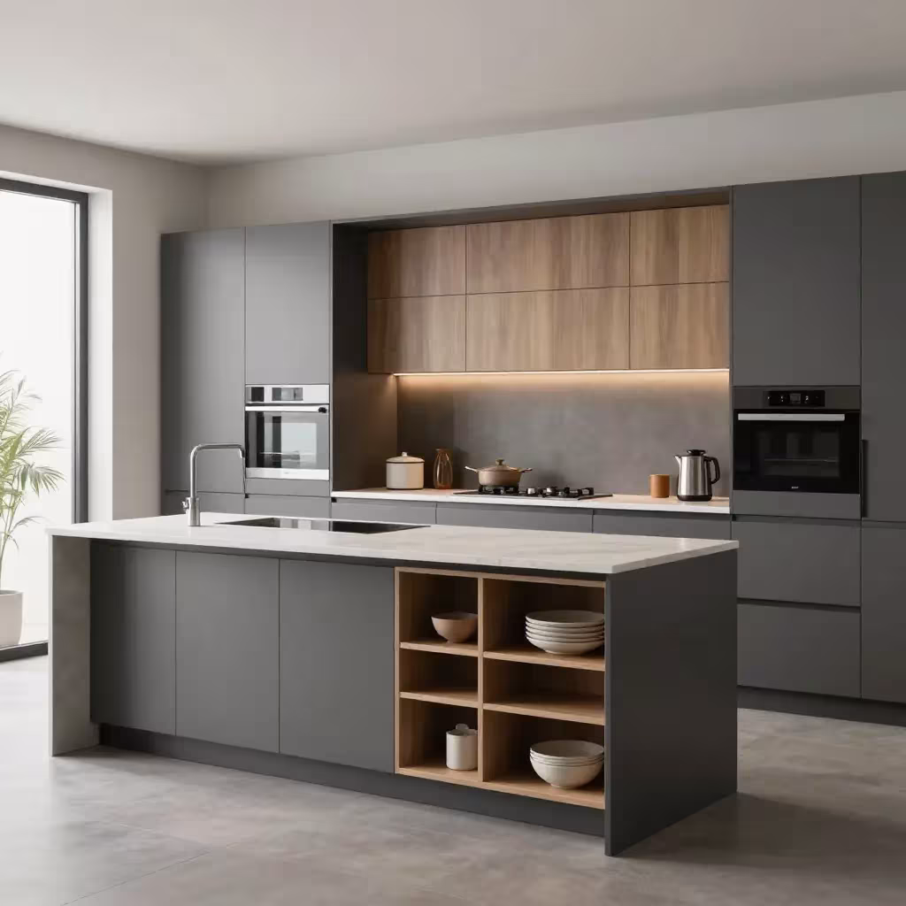 Modern kitchen with an island, cabinets and built in appliances